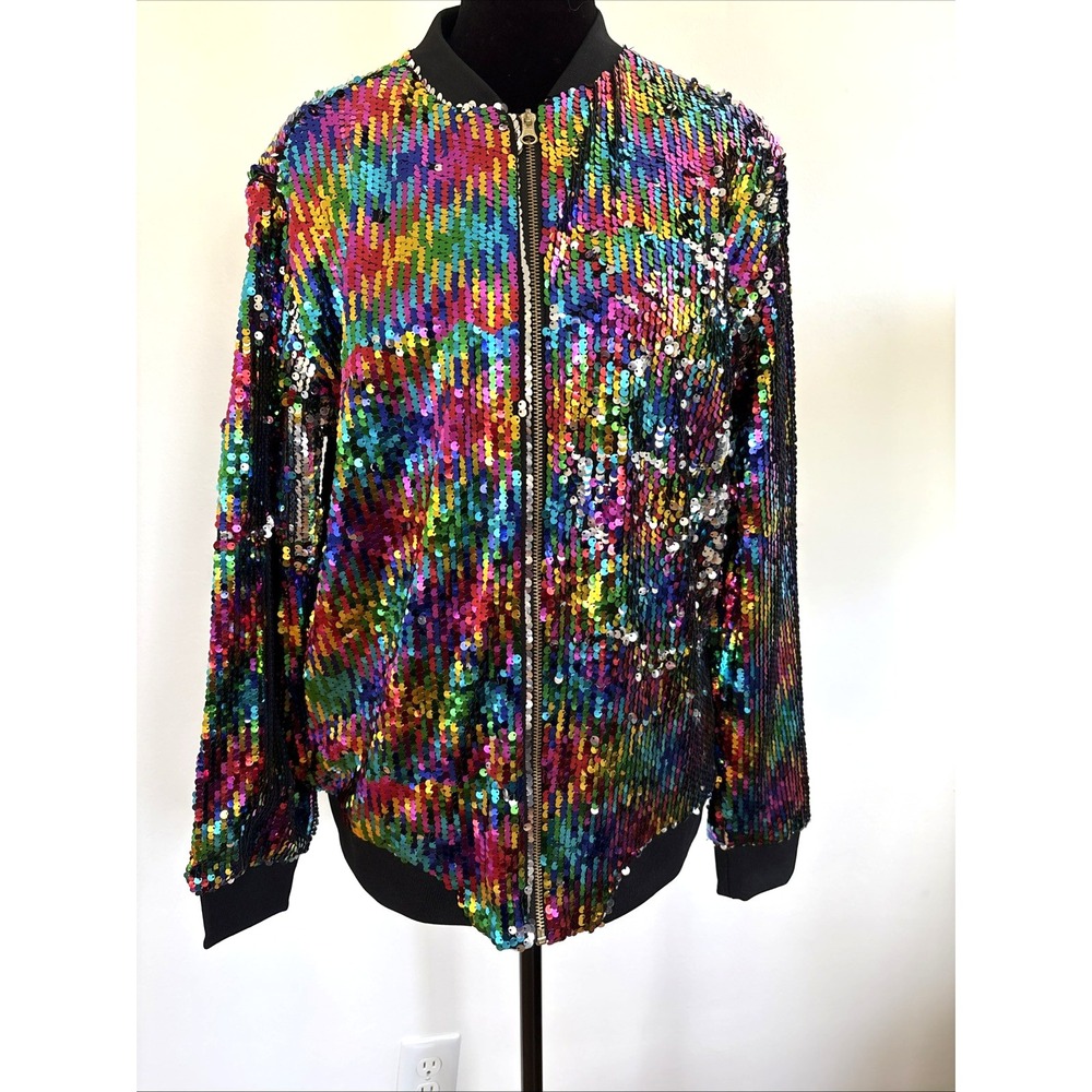 Cresay Womens Rainbow Sequin Bomber Jacket Multicolor Sparkle Festival Coat L